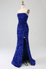 Load image into Gallery viewer, Red Strapless Sequins Long Mermaid Prom Dress With Slit