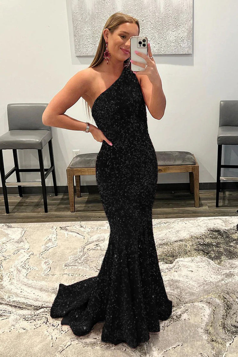 Load image into Gallery viewer, Mermaid Glitter Sexy One-Shoulder Long Prom Dress With Sequins