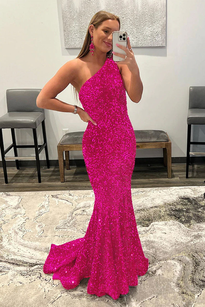 Load image into Gallery viewer, Mermaid Glitter Sexy One-Shoulder Long Prom Dress With Sequins