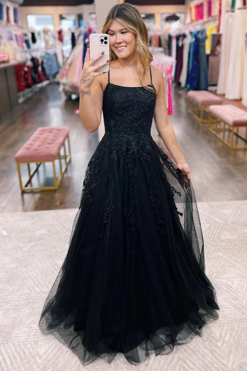 Load image into Gallery viewer, Black A-Line Tulle Long Prom Dress with Lace