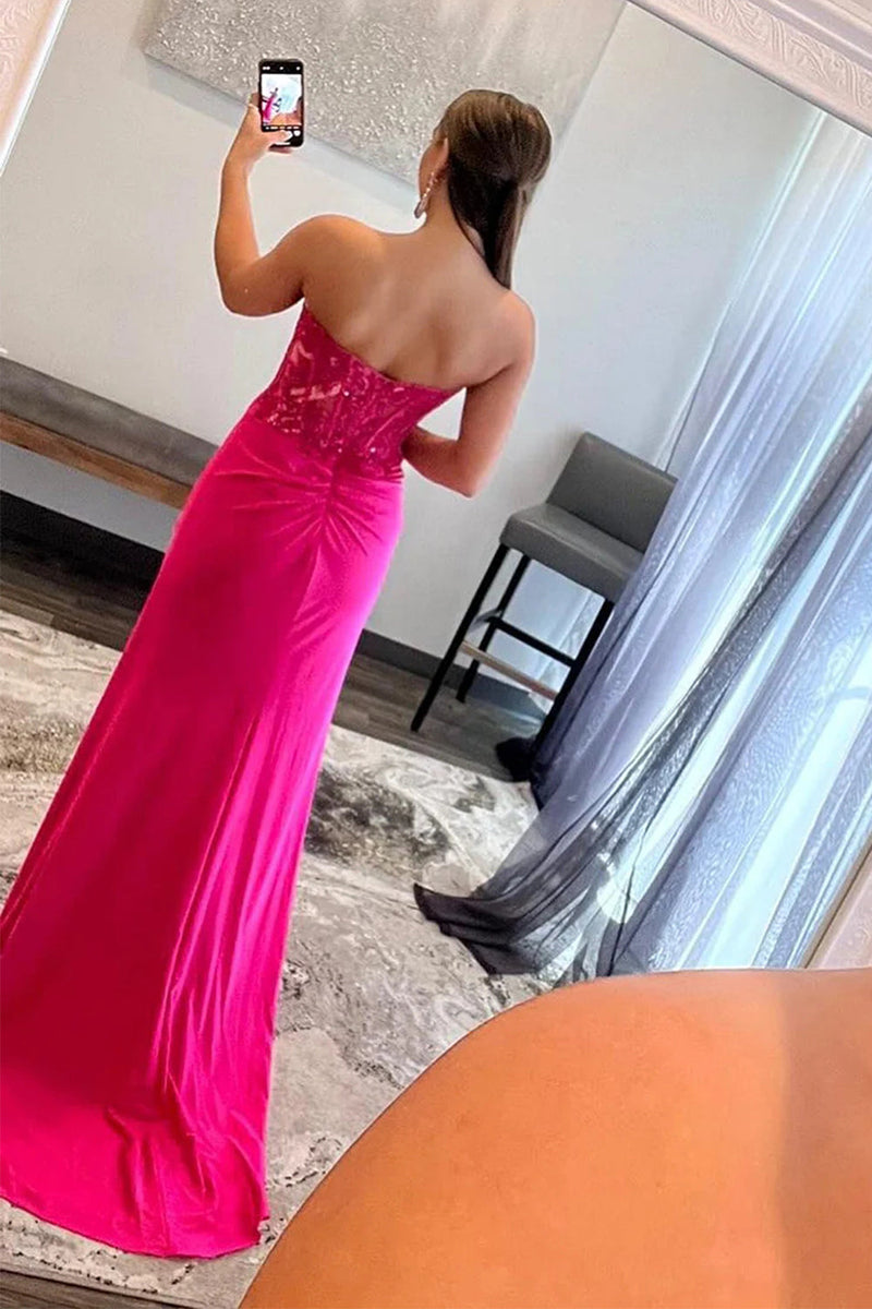 Load image into Gallery viewer, Sparkly Hot Pink Corset Long Prom Dress with Slit