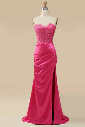 Sparkly Hot Pink Corset Long Prom Dress with Slit