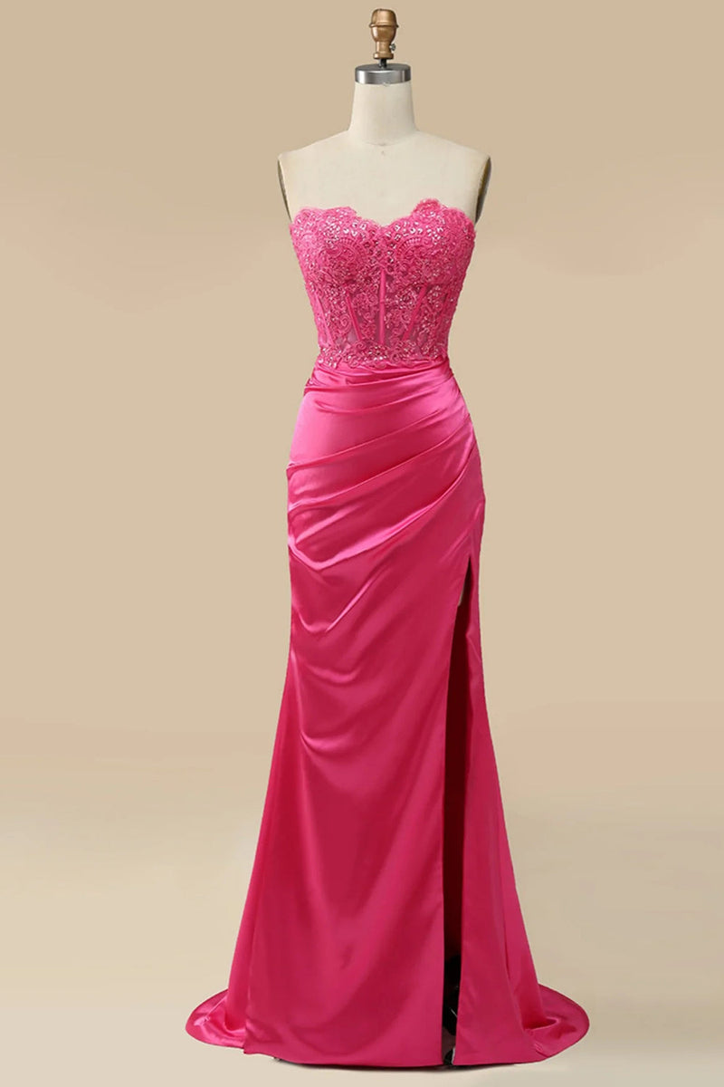 Load image into Gallery viewer, Sparkly Hot Pink Corset Long Prom Dress with Slit