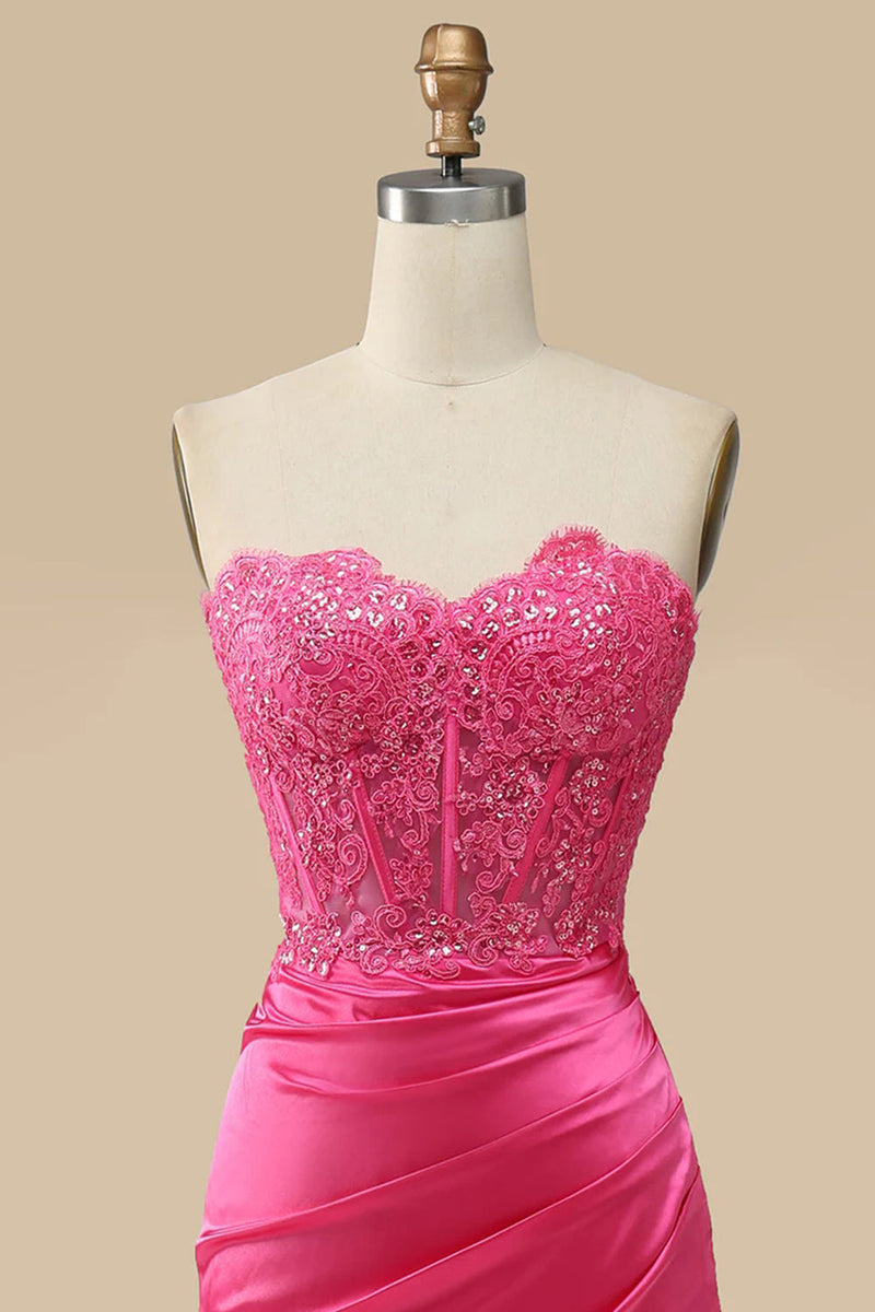 Load image into Gallery viewer, Sparkly Hot Pink Corset Long Prom Dress with Slit