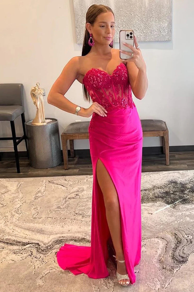 Load image into Gallery viewer, Sparkly Hot Pink Corset Long Prom Dress with Slit