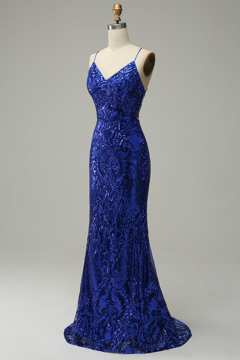 Load image into Gallery viewer, Mermaid Spaghetti Straps Royal Blue Sequins Long Prom Dress with Criss Cross Back