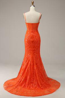 Mermaid Spaghetti Straps Orange Long Prom Dress with Slit Front