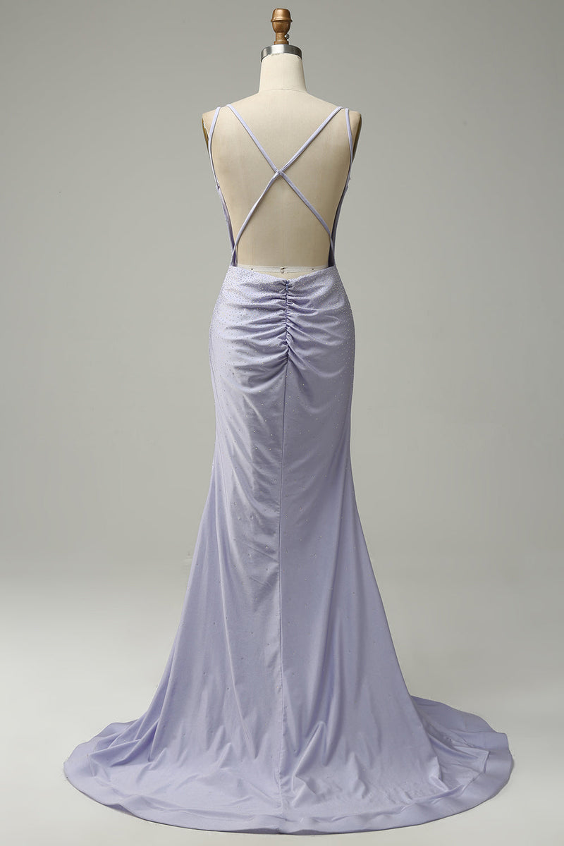 Load image into Gallery viewer, Mermaid Spaghetti Straps Lilac Long Prom Dress with Backless