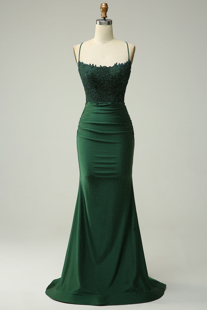 Load image into Gallery viewer, Sparkly Mermaid Dark Green Beaded Long Prom Dress with Appliques