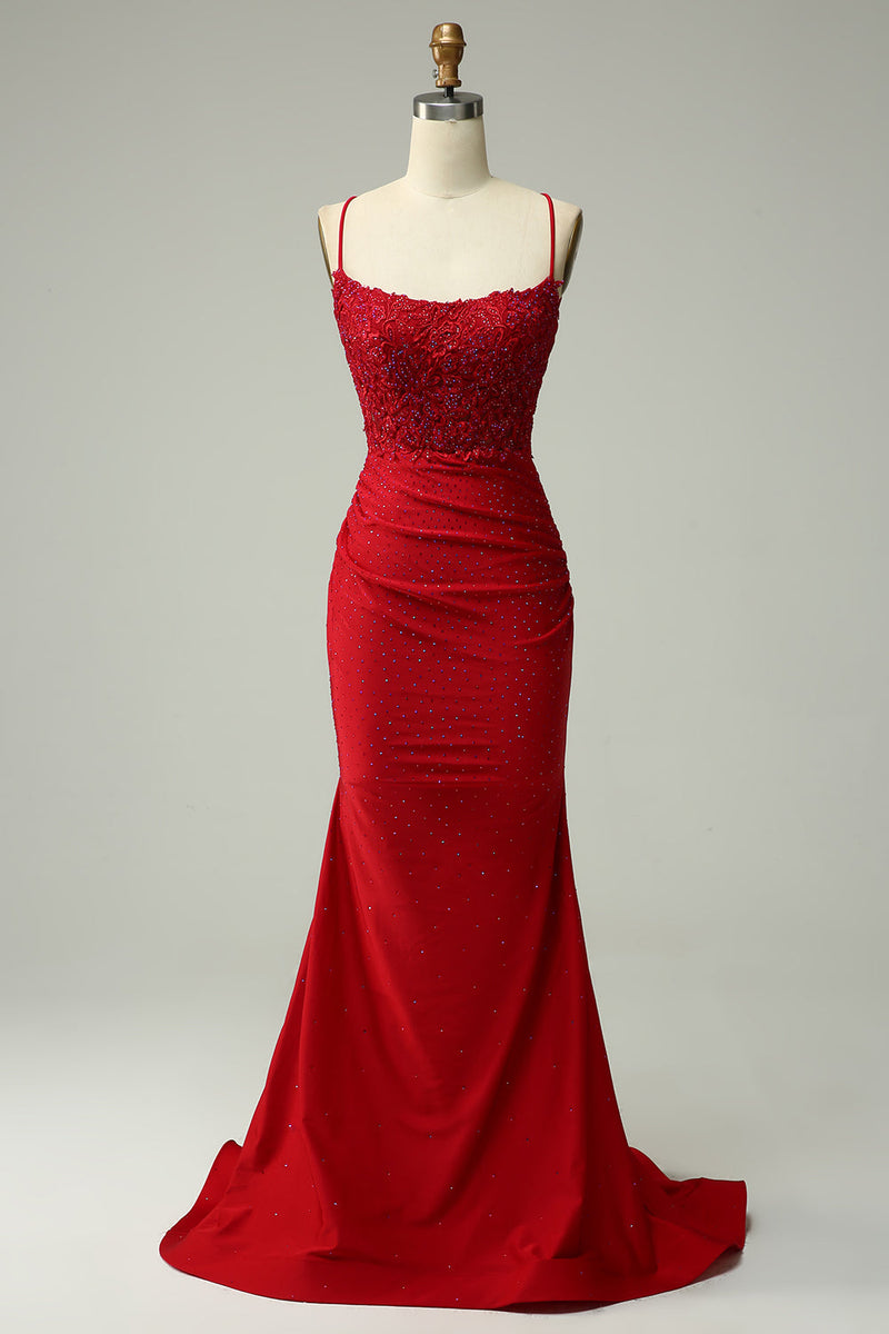 Load image into Gallery viewer, Sparkly Dark Red Beaded Long Prom Dress with Appliques