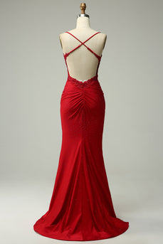 Sparkly Dark Red Beaded Long Prom Dress with Appliques