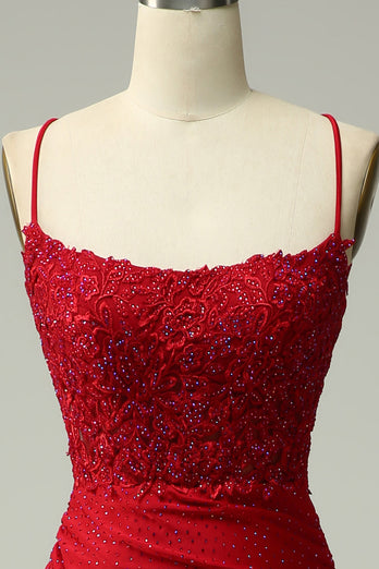 Sparkly Dark Red Beaded Long Prom Dress with Appliques