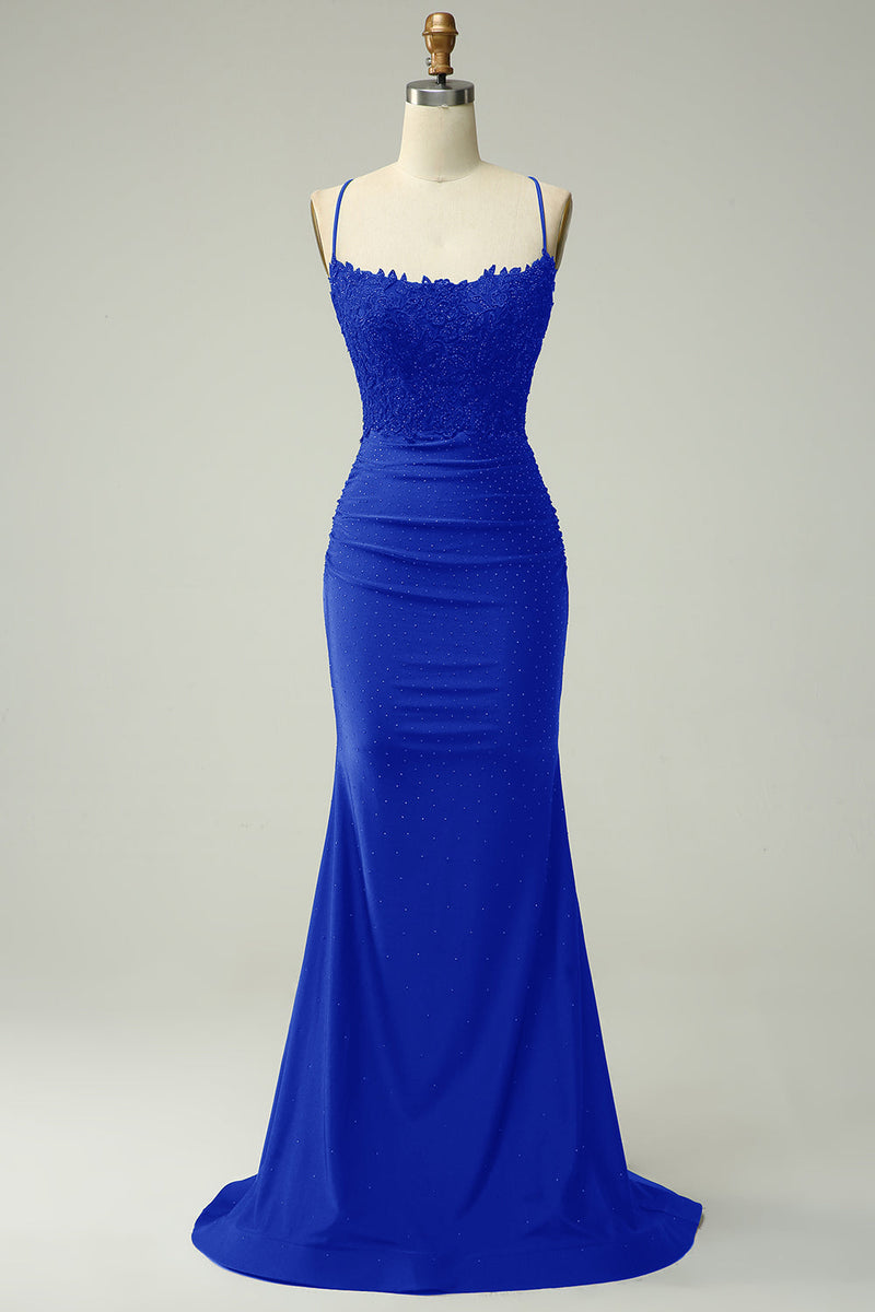 Load image into Gallery viewer, Glitter Royal Blue Beaded Long Mermaid Prom Dress with Appliques