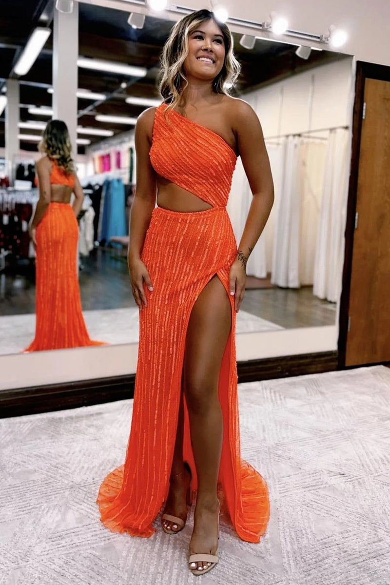 Load image into Gallery viewer, Mermaid One Shoulder Orange Cut Out Prom Dress with Split Front