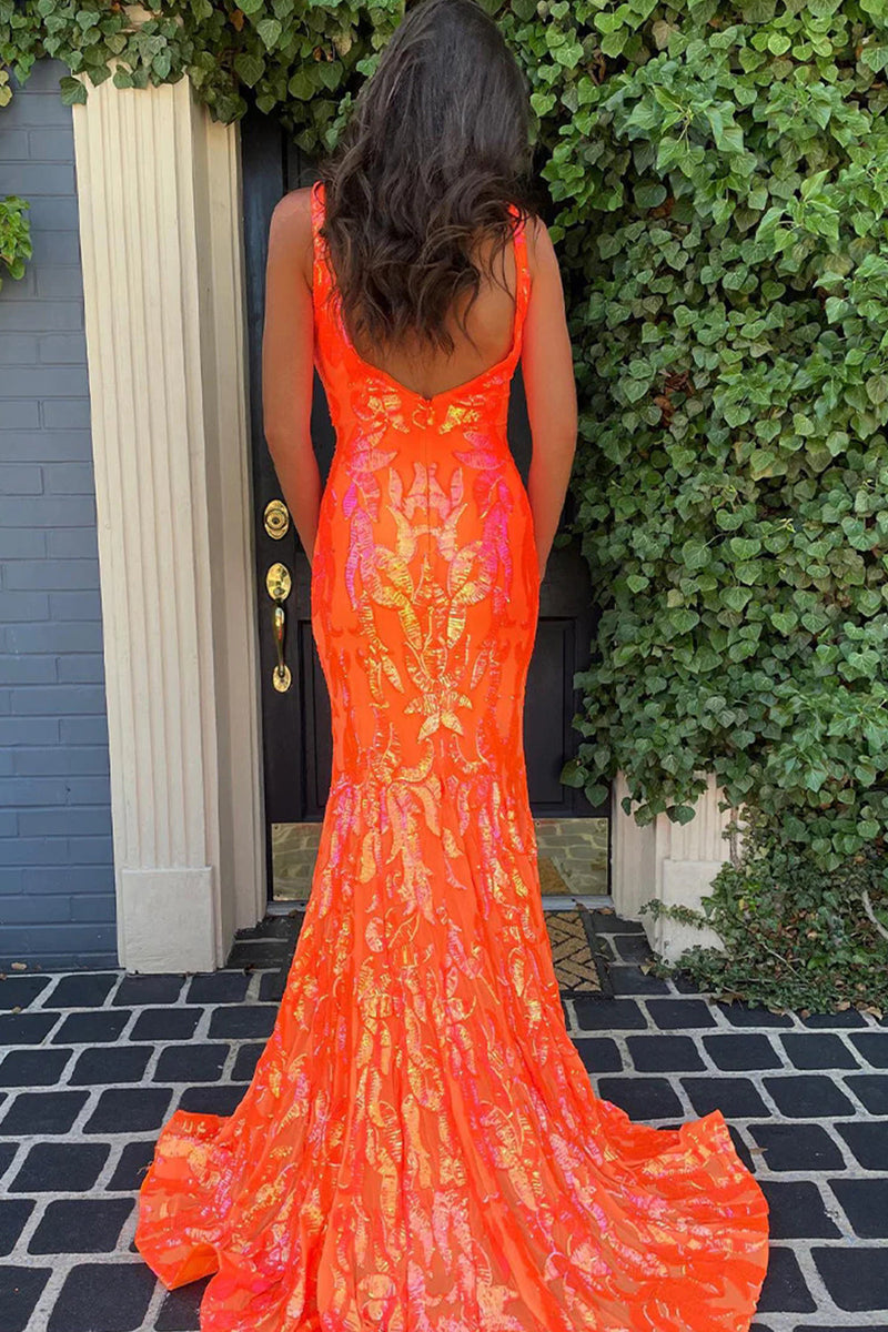 Load image into Gallery viewer, Sparkly Orange Sequin V-Neck Mermaid Long Prom Dress