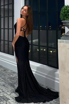 Mermaid Black Halter Long Prom Dress with Slit