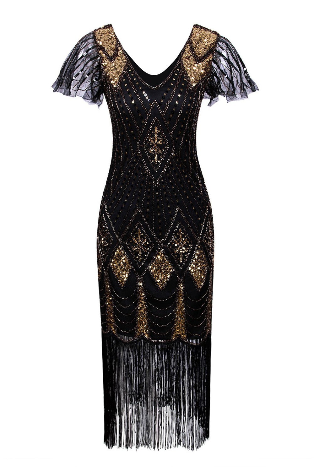 V Neck Black and Gold Sequin 1920s Fringe Dress