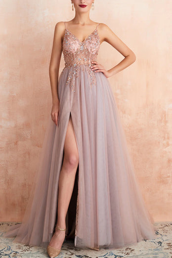 Grey Pink Sheath V-neck Tulle Long Prom Dress With Slit