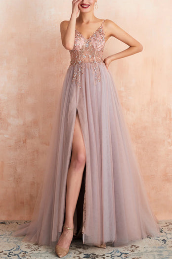 Grey Pink Sheath V-neck Tulle Long Prom Dress With Slit