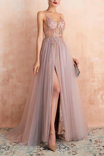 Grey Pink Sheath V-neck Tulle Long Prom Dress With Slit