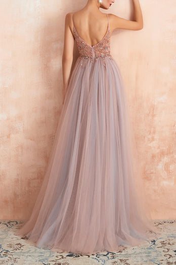 Grey Pink Sheath V-neck Tulle Long Prom Dress With Slit