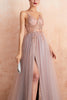 Load image into Gallery viewer, Grey Pink Sheath V-neck Tulle Long Prom Dress With Slit