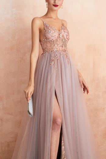 Grey Pink Sheath V-neck Tulle Long Prom Dress With Slit