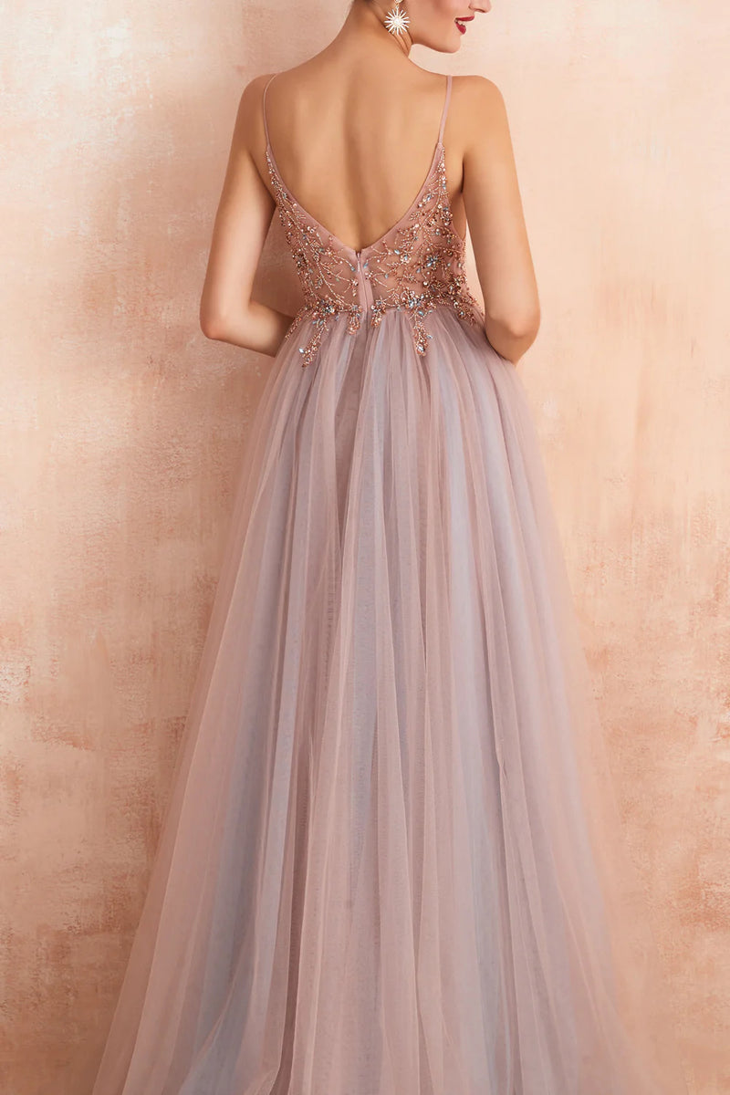 Load image into Gallery viewer, Grey Pink Sheath V-neck Tulle Long Prom Dress With Slit