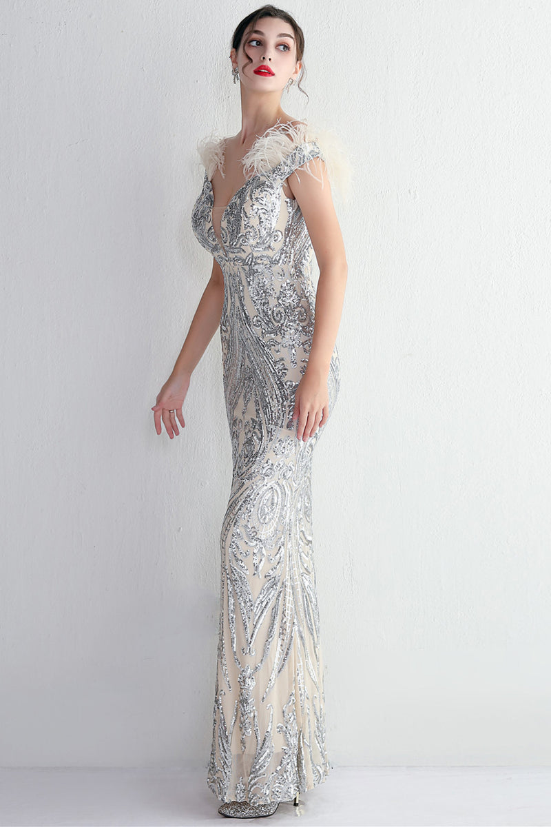 Load image into Gallery viewer, Apricot Silver Sequined Prom Dress With Feathers