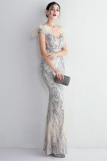 Apricot Silver Sequined Prom Dress With Feathers