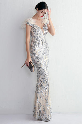 Apricot Silver Sequined Prom Dress With Feathers