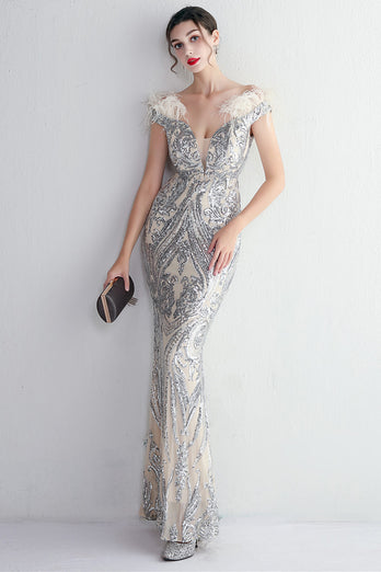 Apricot Silver Sequined Prom Dress With Feathers