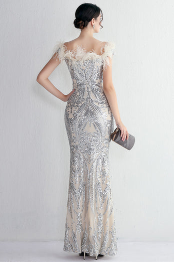 Apricot Silver Sequined Prom Dress With Feathers