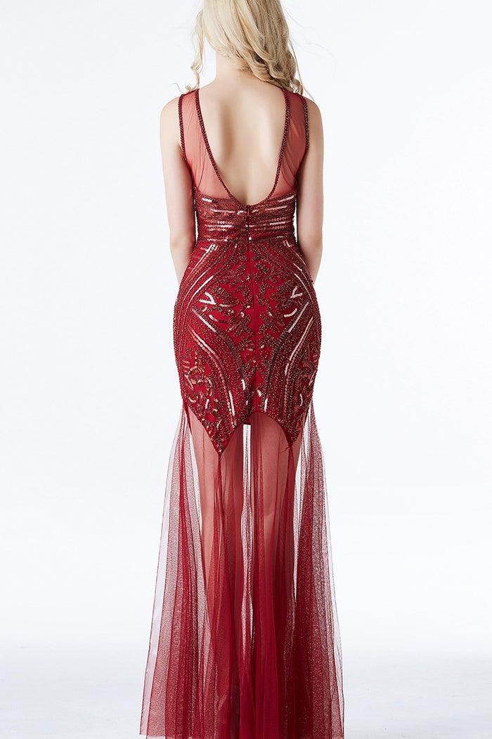 Load image into Gallery viewer, Red Long Tulle Sequin 1920s Dress