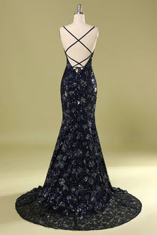 Navy Mermaid Long Prom Dress With Beading Sequins