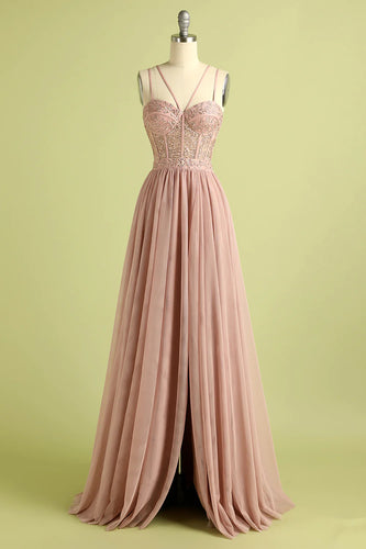 Pink Sheath Tulle Spaghetti Straps Long Corset Prom Dress With Slit