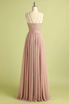 Pink Sheath Tulle Spaghetti Straps Long Corset Prom Dress With Slit