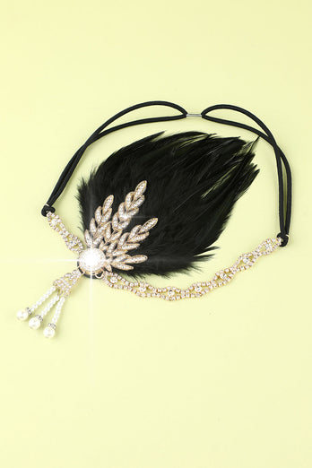 Black Beaded Feather Pearl 1920s Flapper Headband