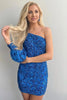 Load image into Gallery viewer, Royal Blue Beaded Sequins One Shoulder Tight Homecoming Dress