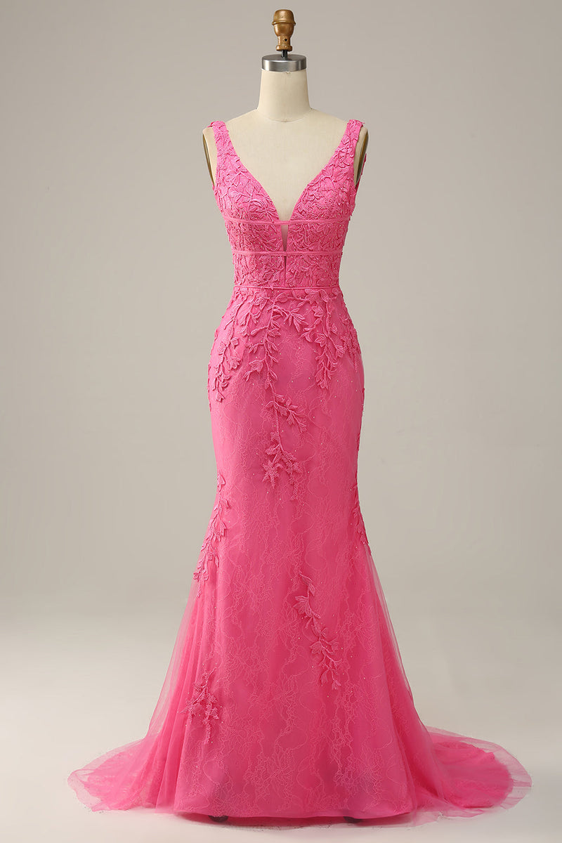 Load image into Gallery viewer, Mermaid Deep V Neck Hot Pink Long Prom Dress with Open Back