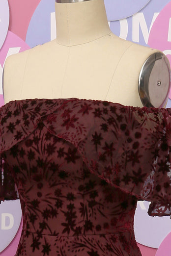 Burgundy Flower Off The Shoulder Evening Dress