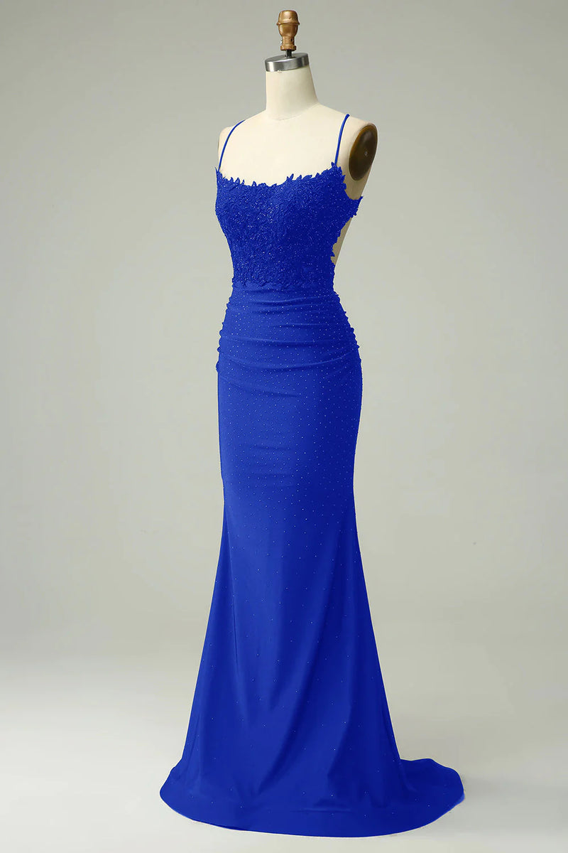 Load image into Gallery viewer, Royal Blue Mermaid Halter Long Prom Dress With Appliques