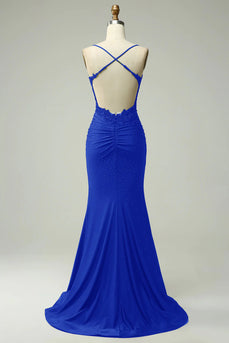 Royal Blue Mermaid Halter Long Prom Dress With Appliques