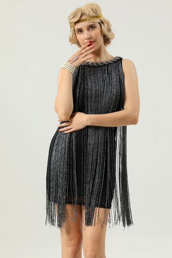 1920s Round Neck Black Fringed Cocktail Party Dress