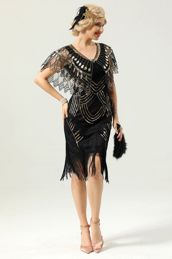 Black and Gold Sequin 1920s Cape