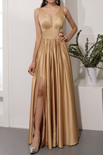 Champagne Satin Long Prom Dress with Slit