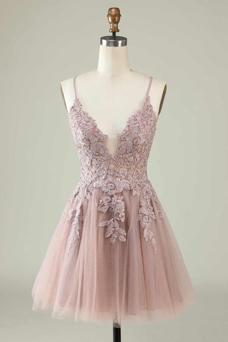 Load image into Gallery viewer, A Line Spaghetti Straps Blush Short Homecoming Dress with Criss Cross Back