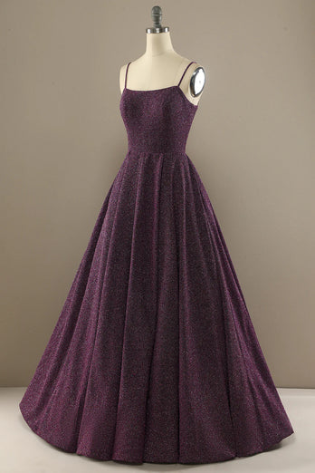 Charming Purple A Line Satin Spaghetti Straps Long Prom Dress With Slit