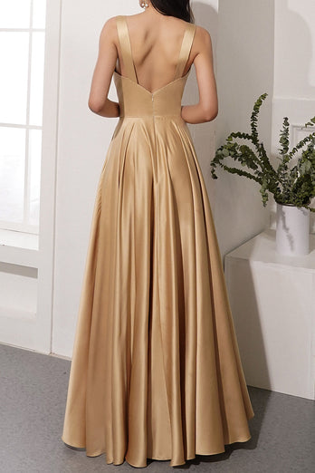 Champagne Satin Long Prom Dress with Slit