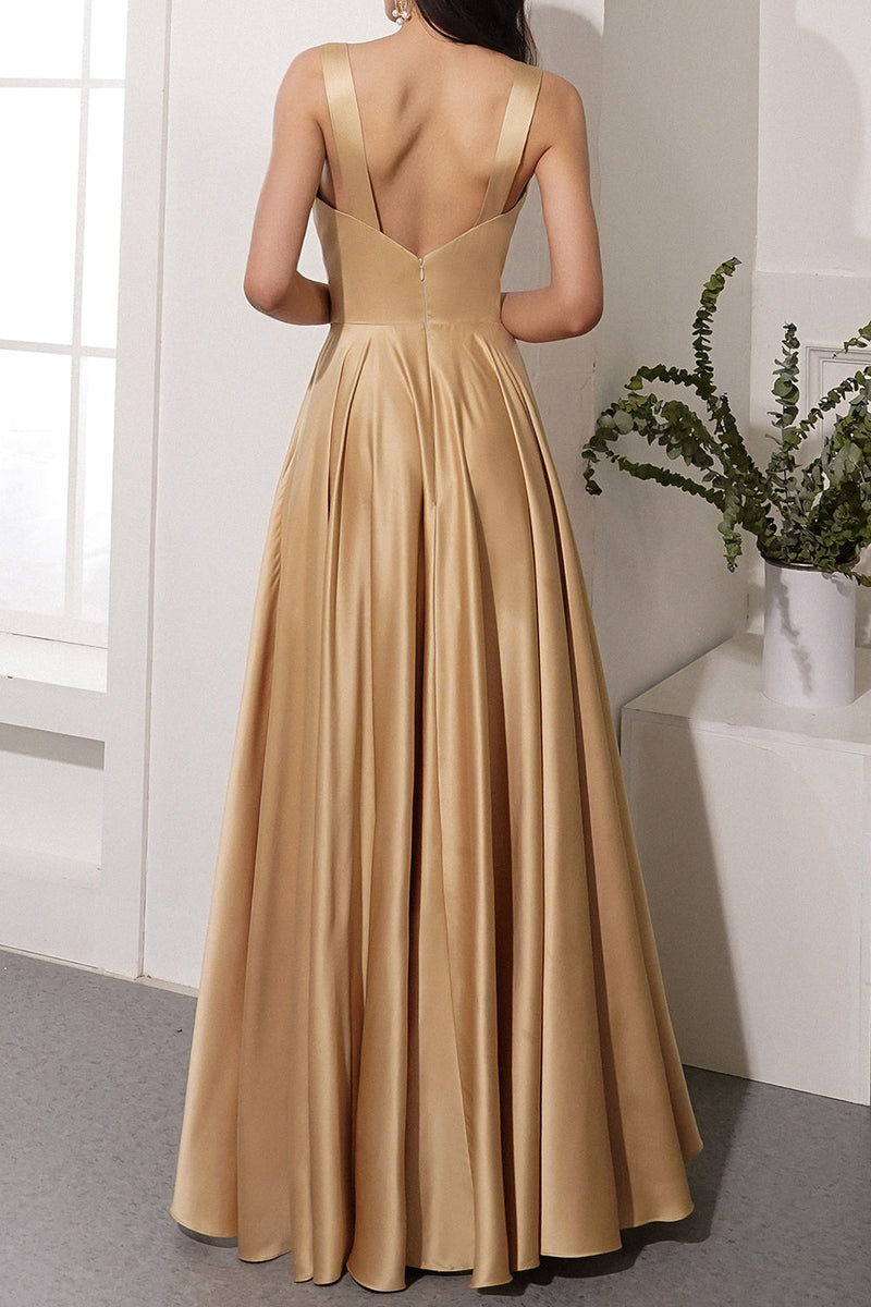 Load image into Gallery viewer, Champagne Satin Long Prom Dress with Slit